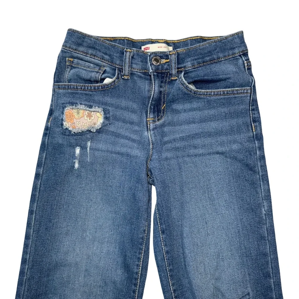 Levi's Kids Wide‎ Leg Jeans Distressed Floral Patch Blue Denim Size 12